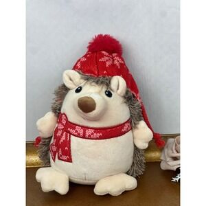 Holiday Hedgehog Plush 6.5 Inch Winter Hat and Scarf Stuffed Animal Brown Red